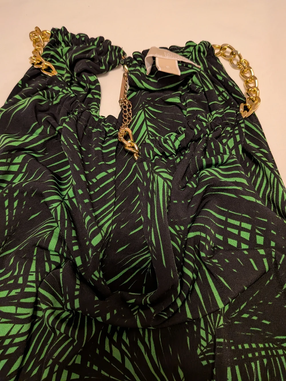 Michael Kors Green Palm-Print Slip Tunic with Gold Chain Straps